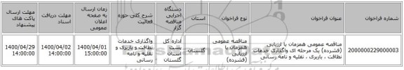 مناقصه عمومی همزمان با ارزیابی (فشرده) یک مرحله ای واگذاری خدمات نظافت ، باربری ، نقلیه و نامه رسانی 