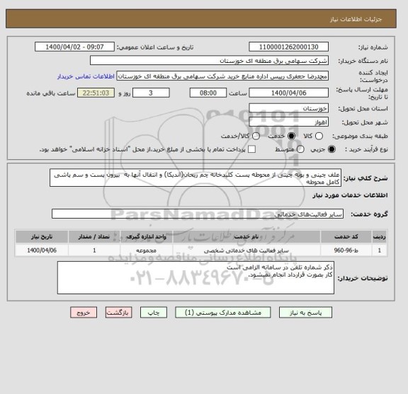 استعلام علف چینی و بوته چینی از محوطه پست کلیدخانه چم ریحان(اندیکا) و انتقال آنها به  بیرون پست و سم پاشی کامل محوطه 
