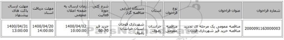 مناقصه عمومی یک مرحله ای تجدید مناقصه خرید قیر شهرداری قوچان