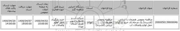 مناقصه عمومی همزمان با ارزیابی (فشرده) یک مرحله ای خرید بارگیری حمل لوازم واتصالات آب