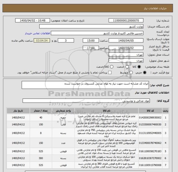 استعلام ایران کد مشابه است جهت نیاز به مواد غذایی کنسروی در خواست شده