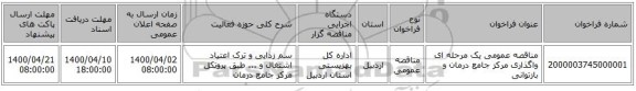 مناقصه عمومی یک مرحله ای واگذاری مرکز جامع درمان و بازتوانی 