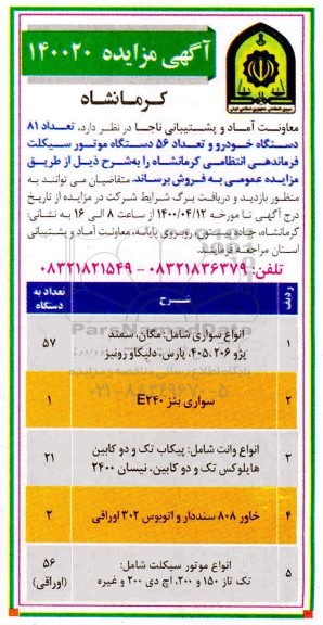 مزایده، مزایده فروش تعداد 81 دستگاه خودرو و تعداد 56 دستگاه موتورسیکلت