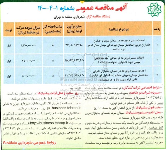 مناقصه احداث مسیر دوچرخه در میدان ... و 