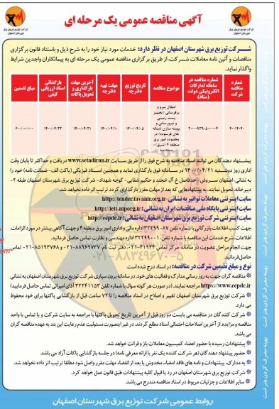 مناقصه انتقال نیرو و برقرسانی 