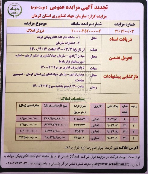 مزایده فروش املاک با کاربری تجاری 