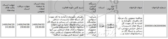 مناقصه عمومی یک مرحله ای راهبری، نگهداری و آماده به کار نمودن کل شبکه های تاسیسات شامل حرارتی،برودتی، آب رسانی و شبکه گاز در ساختمانهای اداری و....