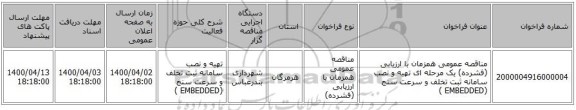 مناقصه عمومی همزمان با ارزیابی (فشرده) یک مرحله ای تهیه و نصب  سامانه ثبت تخلف و سرعت سنج  (EMBEDDED )