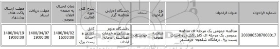 مناقصه عمومی یک مرحله ای مناقصه عمومی یک مرحله ای کابل کشی و احداث پست برق درمانگاه شلمچه خرمشهر	  