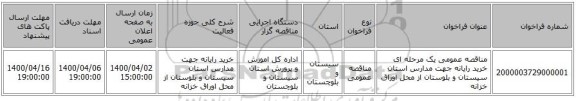 مناقصه عمومی یک مرحله ای خرید رایانه جهت مدارس استان سیستان و بلوستان از محل اوراق خزانه 