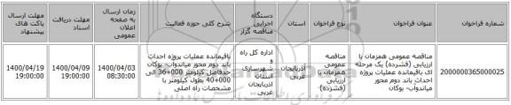 مناقصه عمومی همزمان با ارزیابی (فشرده) یک مرحله ای باقیمانده عملیات پروژه احداث باند دوم محور میاندوآب- بوکان