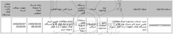 خرید خدمات مشاوره انجام مطالعات تعیین حریم تاثیر پذیری تونل ها و ایستگاه های خطوط 1 و 2 قطار شهری تبریز