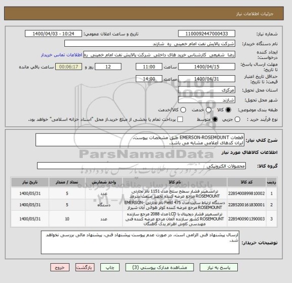 استعلام قطعات EMERSON-ROSEMOUNT طبق مشخصات پیوست.
ایران کدهای اعلامی مشابه می باشد.