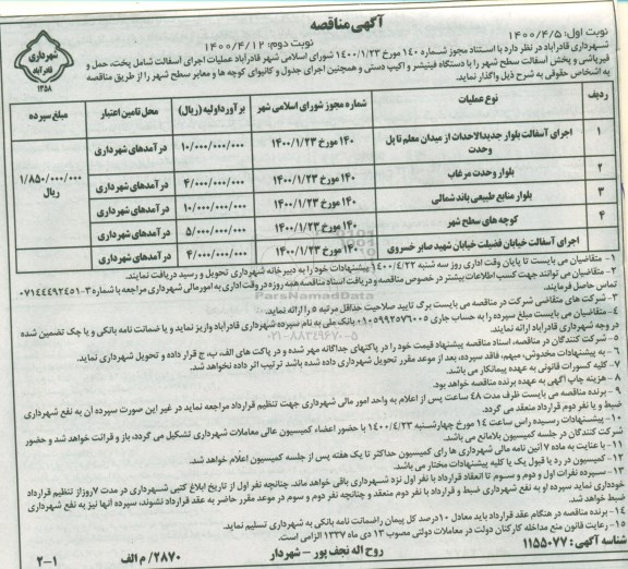مناقصه، مناقصه عملیات اجرای آسفالت شامل پخت ، حمل ...