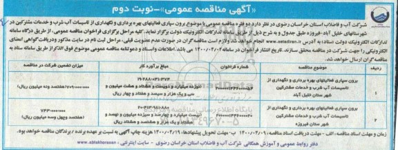مناقصه، مناقصه برون سپاری فعالیتهای بهره برداری و نگهداری از تاسیسات آب شرب - نوبت دوم