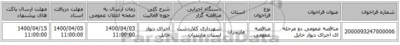 مناقصه عمومی دو مرحله ای اجرای دیوار حایل