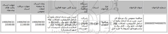 مناقصه عمومی یک مرحله ای خرید، نصب و راه اندازی پکیج آب شامل الکتروپمپ، اتصالات، لوله فولادی، تابلو برق ، کابل برق  و ترانسفورماتور  (مربوط به طرح اصل