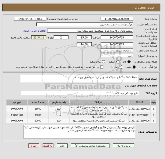 استعلام سرنگ 2cc ، 5cc و سرنگ انسولین برند سها طبق پیوست