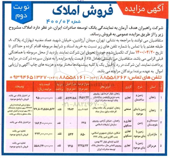 آگهی مزایده مزایده فروش املاک کاربری تجاری و صنعتی مسکونی نوبت دوم 