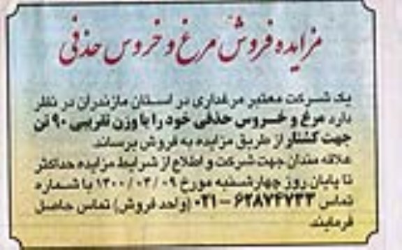 مزایده، مزایده فروش مرغ و خروس
