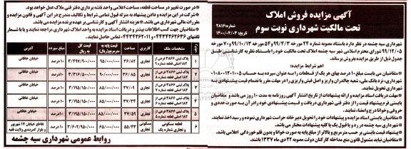 مزایده،مزایده فروش املاک کاربری تجاری و مسکونی نوبت سوم