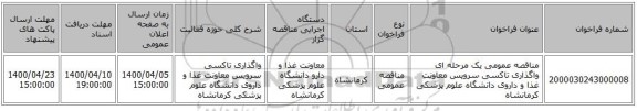 مناقصه عمومی یک مرحله ای  واگذاری تاکسی سرویس معاونت غذا و داروی دانشگاه علوم پزشکی کرمانشاه