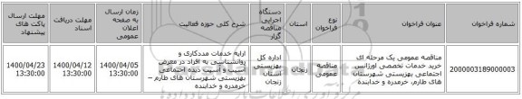مناقصه عمومی یک مرحله ای خرید خدمات تخصصی اورژانس اجتماعی بهزیستی شهرستان های طارم، خرمدره و خدابنده  