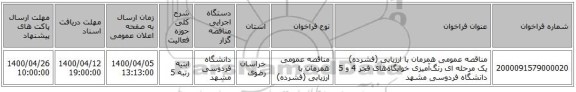 مناقصه عمومی همزمان با ارزیابی (فشرده) یک مرحله ای رنگ‌آمیزی خوابگاه‌های فجر 4 و 5 دانشگاه فردوسی مشهد