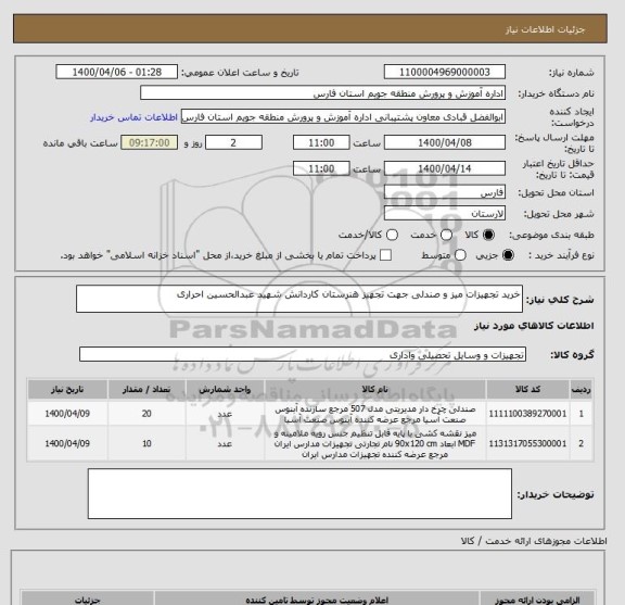 استعلام خرید تجهیزات میز و صندلی جهت تجهیز هنرستان کاردانش شهید عبدالحسین احراری  