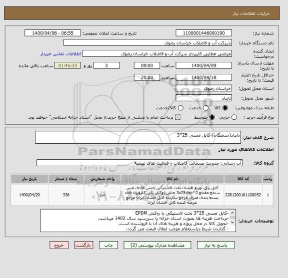 استعلام تایباد(سمنگان)-کابل مسی 25*3