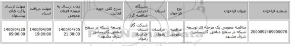 مناقصه عمومی یک مرحله ای توسعه شبکه در سطح مناطق گازرسانی شرق مشهد 
