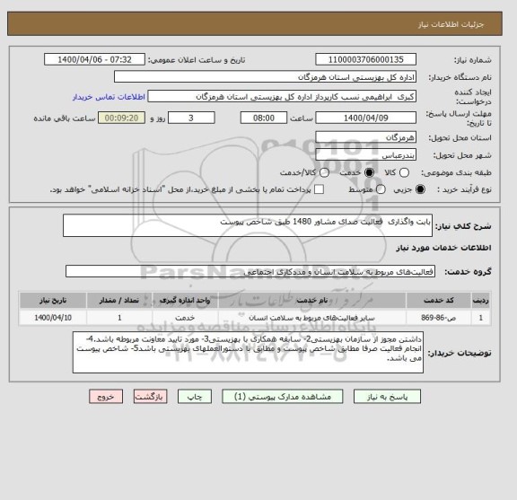 استعلام بابت واگذاری  فعالیت صدای مشاور 1480 طبق شاخص پیوست