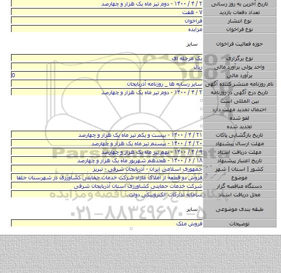 فروش دو قطعه از املاک مازاد شرکت خدمات حمایتی کشاورزی در شهرستان جلفا