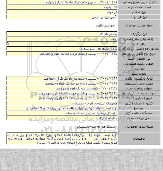تهیه لیست کوتاه جهت برگزاری  مناقصه محدود پروژه ها برای مبالغ ذیل