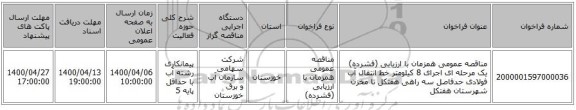 مناقصه عمومی همزمان با ارزیابی (فشرده) یک مرحله ای اجرای 8 کیلومتر خط انتقال آب فولادی حدفاصل سه راهی هفتکل تا مخزن شهرستان هفتکل