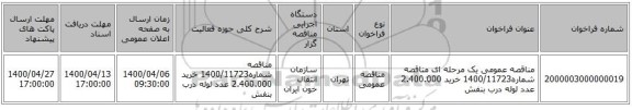 مناقصه عمومی یک مرحله ای مناقصه شماره1400/11723 خرید 2.400.000 عدد لوله درب بنفش