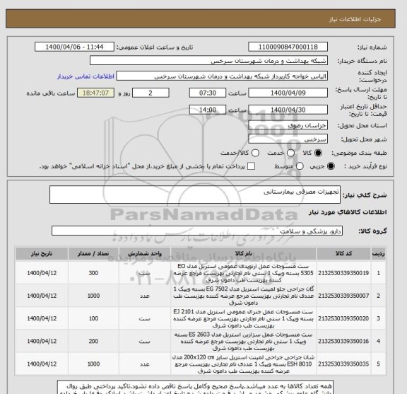 استعلام تجهیزات مصرفی بیمارستانی 