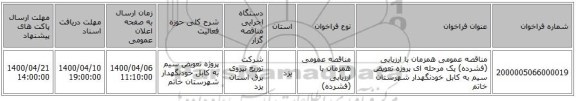 مناقصه عمومی همزمان با ارزیابی (فشرده) یک مرحله ای پروژه تعویض سیم به کابل خودنگهدار شهرستان خاتم