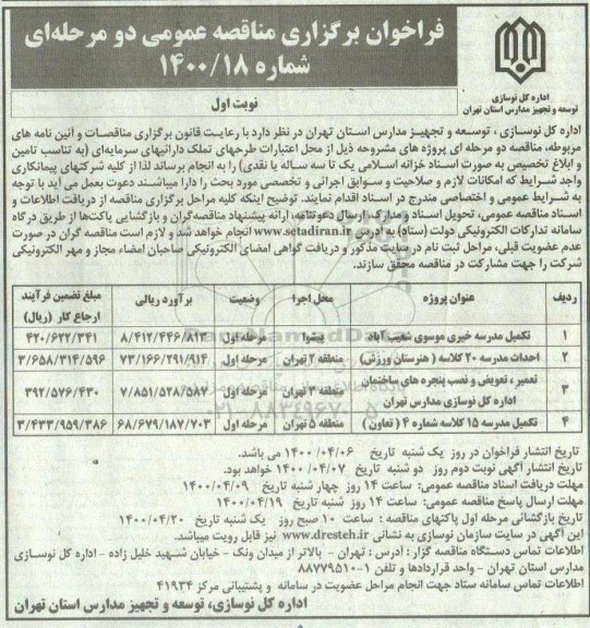 فراخوان مناقصه ،فراخوان مناقصه تکمیل مدرسه خیری و...
