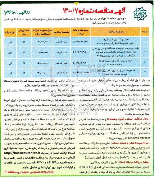 مناقصه نصب و نگهداری ضربه گیرها بتنی فلزی پلاستیکی در سطح منطقه و ...