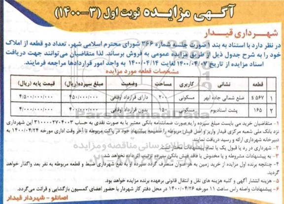 مزایده مزایده فروش دو قطعه از املاک مسکونی نوبت اول