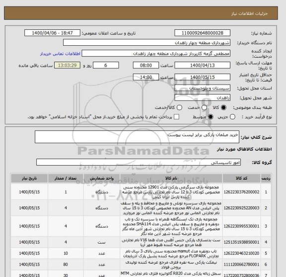 استعلام خرید مبلمان پارکی برابر لیست پیوست