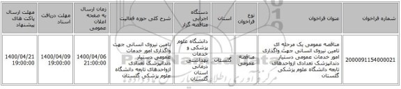 مناقصه عمومی یک مرحله ای تامین نیروی انسانی جهت واگذاری امور خدمات عمومی دستیار دندانپزشک تعدادی ازواحدهای تابعه دانشگاه علوم پزشکی گلستان