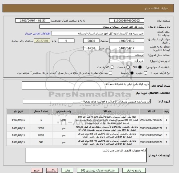 استعلام خرید لوله پلی اتیلن به قطرهای مختلف