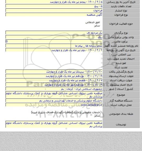 مناقصه تامین نیروی انسانی مشاغل گروه بهیاری و کمک پرستاری دانشگاه علوم پزشکی بم