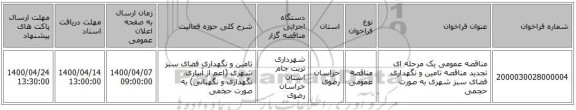 مناقصه عمومی یک مرحله ای تجدید مناقصه تامین و نگهداری فضای سبز شهری به صورت حجمی