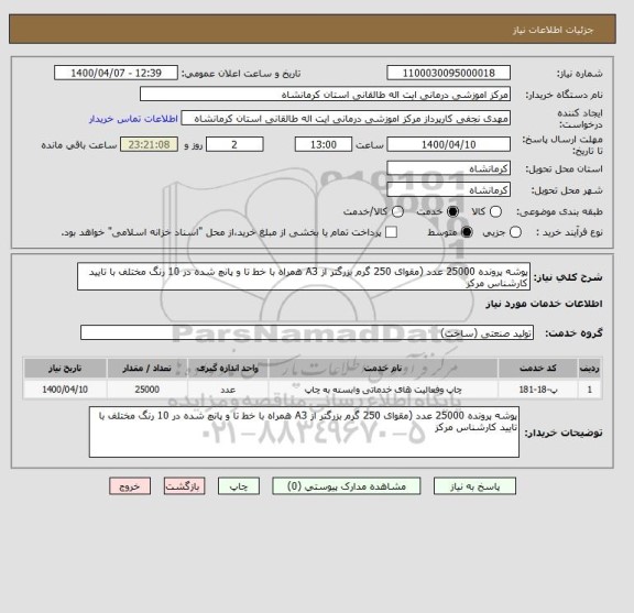 استعلام پوشه پرونده 25000 عدد (مقوای 250 گرم بزرگتر از A3 همراه با خط تا و پانچ شده در 10 رنگ مختلف با تایید کارشناس مرکز
