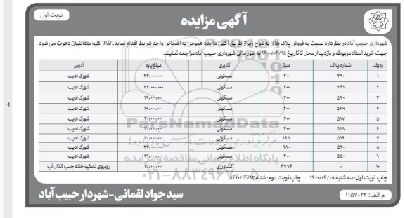 مزایده،مزایده فروش پلاک های کاربری مسکونی و کشاورزی نوبت اول 