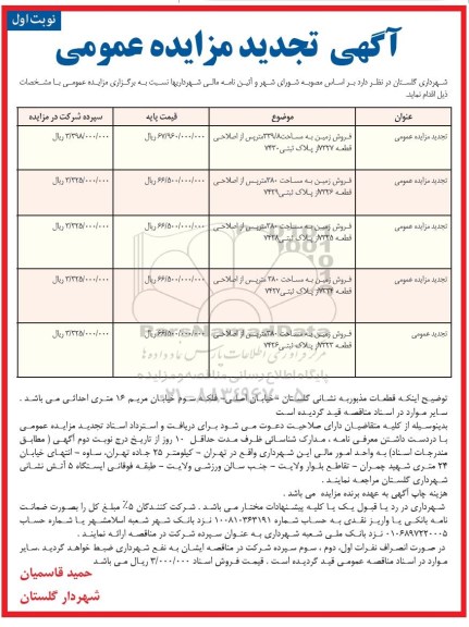 مزایده مزایده فروش زمین به مساحت 339.8 متر نوبت اول