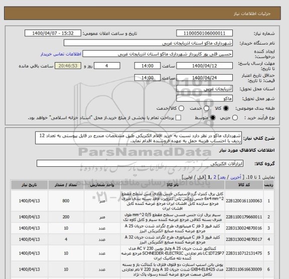 استعلام شهرداری ماکو در نظر دارد نسبت به خرید اقلام الکتریکی طبق مشخصات مندرج در فایل پیوستی به تعداد 12 ردیف با احتساب هزینه حمل به عهده فروشنده اقدام نماید.